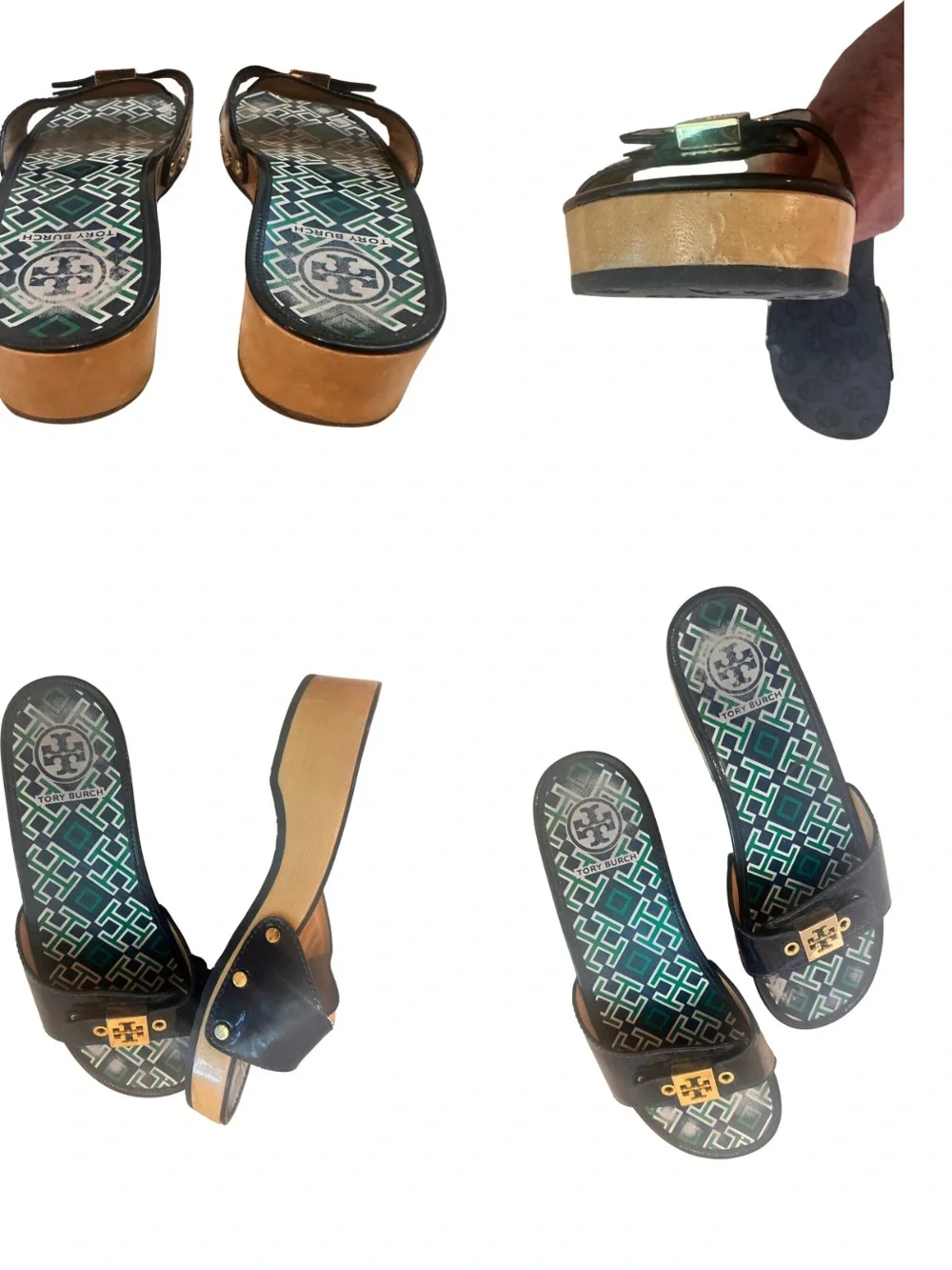 Tory Burch Navy and Green Platform Slide Sandals by Tory Burch
